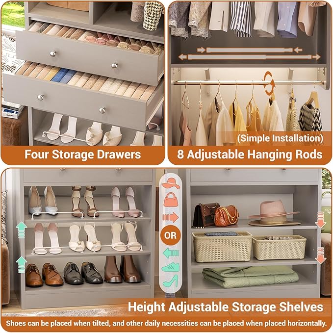 Closet System (Set of 3) with 4 Drawers, 8 Hanging Robs, 91.5"/151" Closet Organizer System with Corner Tower, Reversible Walk-in Closet System Corner Closet System, Morandi Grey