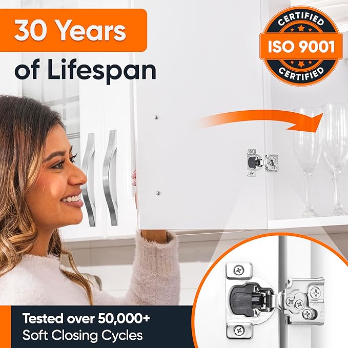 Decobasics 30 Pack Soft Close Cabinet Hinges – 5/8" Overlay for Kitchen Cabinet Doors, Face Frame Concealed Hidden Hinges – Stainless Steel, Self-Closing with 3-Way Adjustment & Slow Close Damper