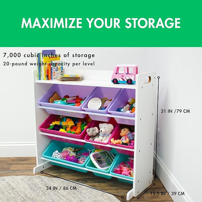 Humble Crew Crafts and Toy Storage Organizer with Top Shelf and 9 Removable Bins, White/Pink/Purple/Aqua Toddler Bookshelf with Organizer - Modern Rack Ideal for Kids' Rooms, Playrooms, and Nurseries
