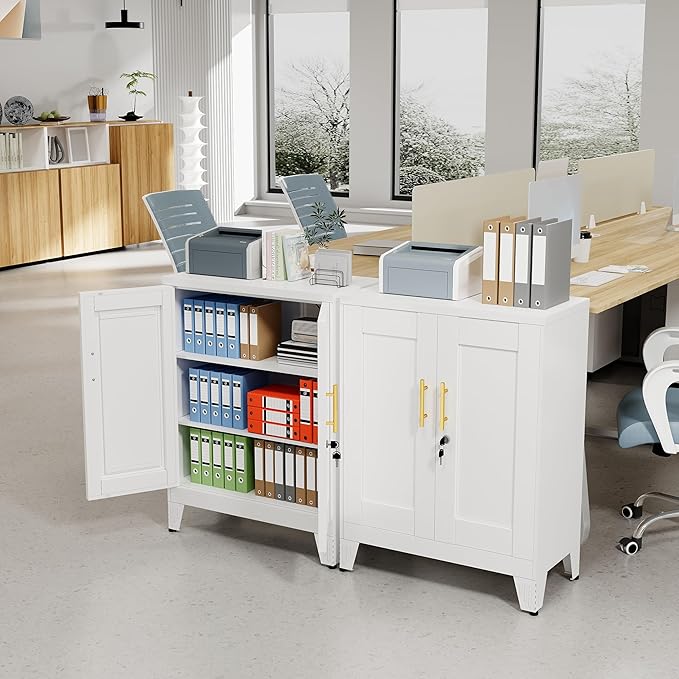 36" Metal Floor Storage Cabinet, Locked Steel Storage Cabinets with 2 Doors and 2 Adjustable Shelves, White Kitchen Cabinet, Freestanding Cabinet for Home/Office/Garage/Tool Room/Bathroom