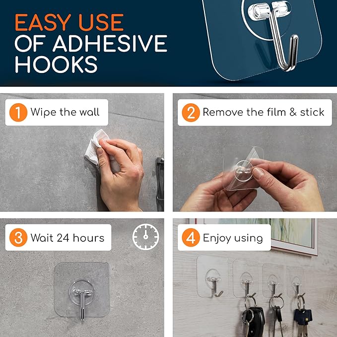 GLUIT Adhesive Wall Hooks for Hanging Heavy Duty 22 lbs Hooks for Walls No Drill, Towel Sticky Clear Hooks, Waterproof, Home, Bathroom, Kitchen, Office, and Outdoor 20 Pack