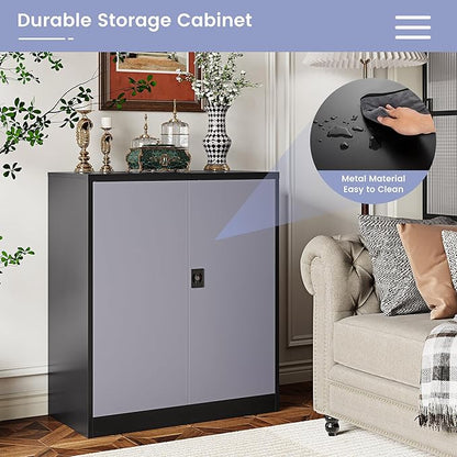 Metal Storage Cabinet,Locking File Cabinet with Doors and Adjustbale Shelves,Tool Steel Cabinets for Garage,Home Office,School,Gym(Grey & Black)