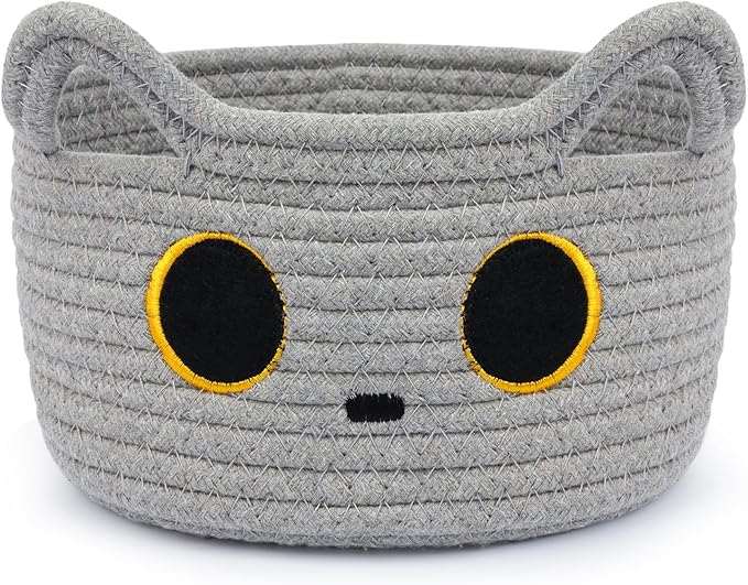 Small Storage Basket, Cat Basket Woven Cotton Rope Basket for Nursery, Baby Blanket Organizer with Handles for Toys,Towels,Clothes, Baby Storage for Gifts Cat Dog Bin Toys 8.5×4.5 inches,Grey