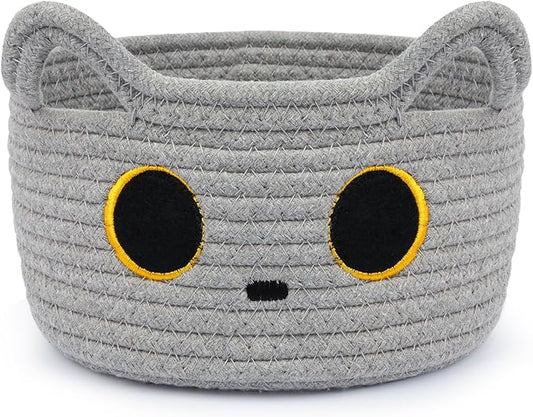 Small Storage Basket, Cat Basket Woven Cotton Rope Basket for Nursery, Baby Blanket Organizer with Handles for Toys,Towels,Clothes, Baby Storage for Gifts Cat Dog Bin Toys 8.5×4.5 inches,Grey