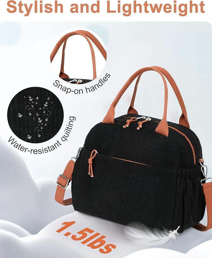 Bluboon Lunch Bag for Women Cute Corduroy Lunch Tote Bags with Shoulder Strap Reusable Insulated Lunch Box Large Capacity Reusable Insulated Cooler for Work Picnic or Travel (13L)