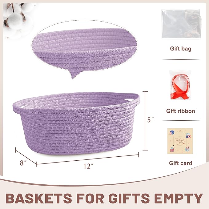 Small Woven Purple Gifts Basket for Storage Empty with Ribbons and Bags Durable Cute Gifts 12"X 8" X 5" Small Rope Basket for Gifting