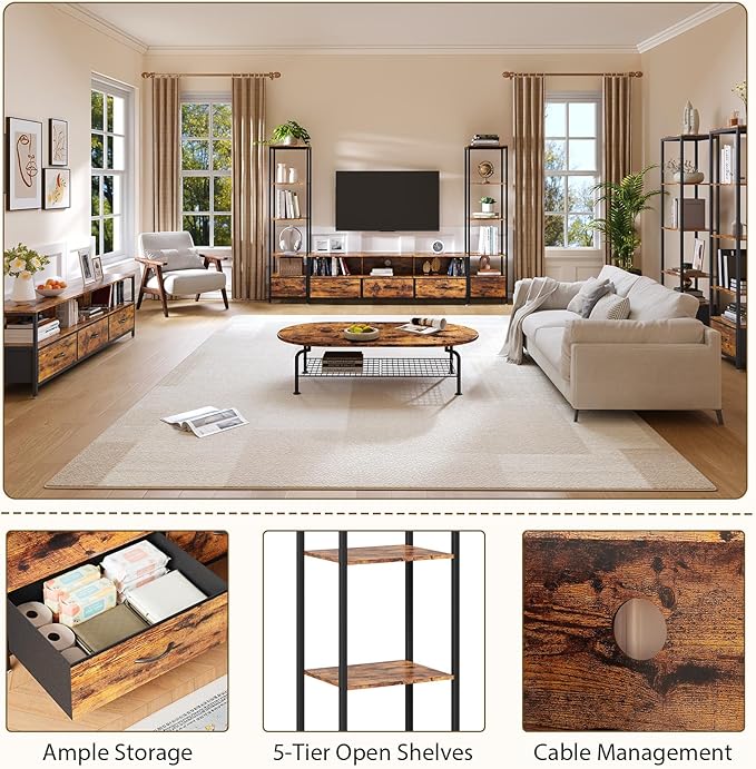 GarveeHome Entertainment Center, with 5 Fabric Drawer & 2 Bookshelf, TV Console Table with Shelf, LED & Power Outlets, for Home Office