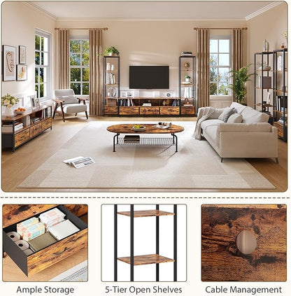 GarveeHome Entertainment Center, with 5 Fabric Drawer & 2 Bookshelf, TV Console Table with Shelf, LED & Power Outlets, for Home Office