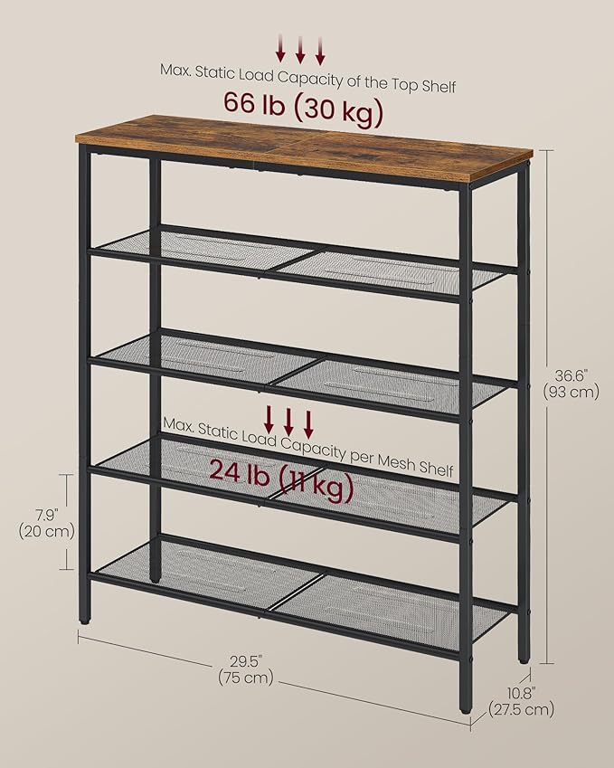 VASAGLE 5-Tier Shoe Rack, Large Shoe Storage Organizer for Closet, Entryway, 18-24 Pairs, with 4 Metal Mesh Shelves, 10.8 x 29.5 x 36.6 Inches, Rustic Brown and Black ULBS115KD01