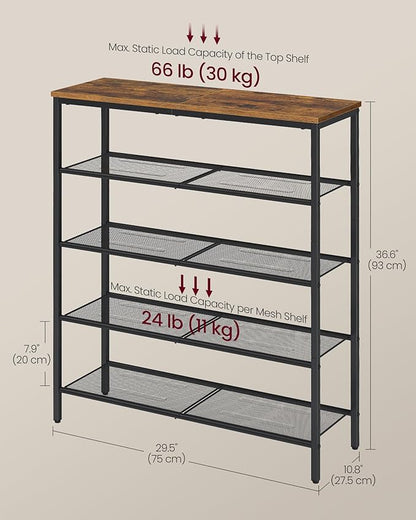VASAGLE 5-Tier Shoe Rack, Large Shoe Storage Organizer for Closet, Entryway, 18-24 Pairs, with 4 Metal Mesh Shelves, 10.8 x 29.5 x 36.6 Inches, Rustic Brown and Black ULBS115KD01