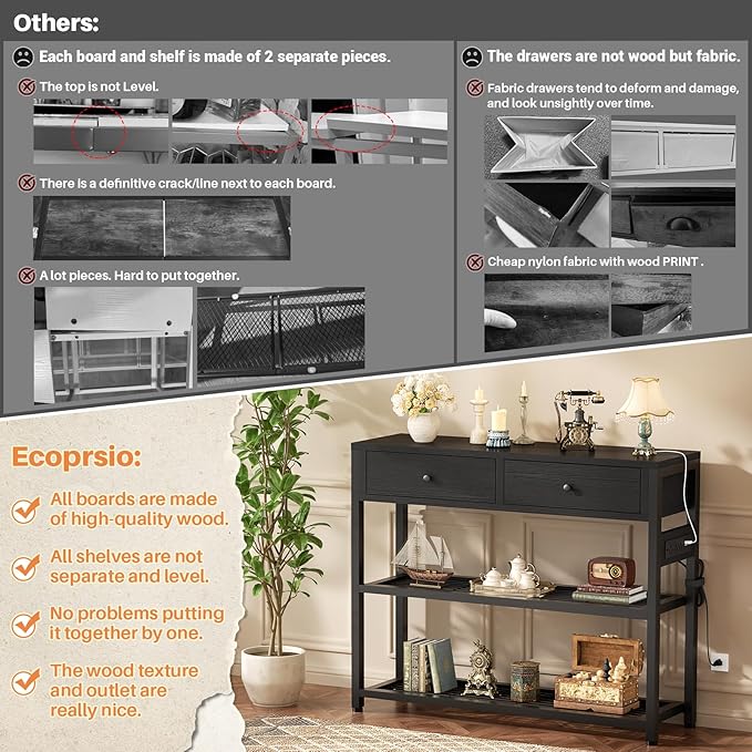 Ecoprsio Entryway Table with Outlets and USB Ports, Console Table with 2 Drawers, Small Sofa Table with Storage Shelves for Living Room, Couch, Hallway, Foyer, Kitchen Counter, 32'', Black