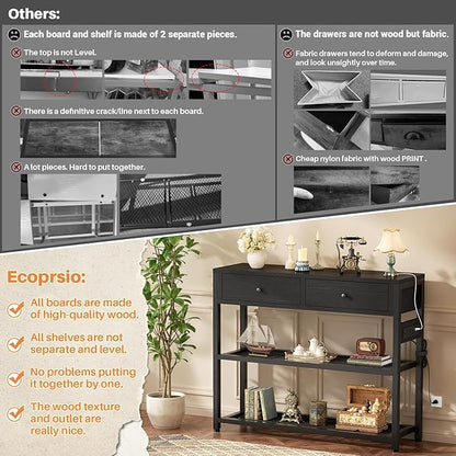 Ecoprsio Entryway Table with Outlets and USB Ports, Console Table with 2 Drawers, Small Sofa Table with Storage Shelves for Living Room, Couch, Hallway, Foyer, Kitchen Counter, 32'', Black