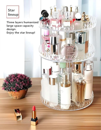 Diamond Pattern Three Layers Perfume Organizer, 360 Rotating Diamond Cosmetic Storage Box Transparent Acrylic Swivel Shelf Desktop Skin Care Product Dresser Finishing Valentines Day Gifts