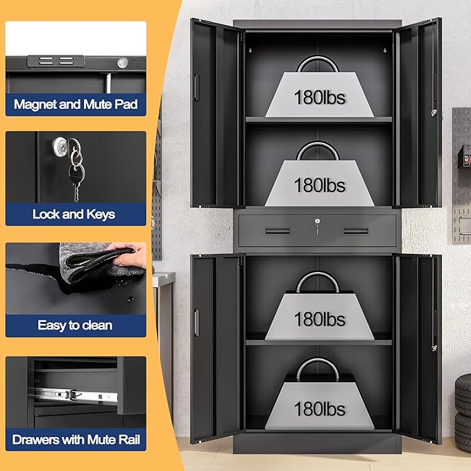 Metal Storage Cabinet, 71" H x 28" W x 16" D Locking Storage Cabinet with Adjustable Shelves and One Drawer, Steel Cabinet for Office, Garage, Home, School, Utility (Black)