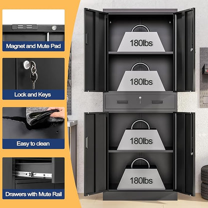 Metal Storage Cabinet, 71" H x 28" W x 16" D Locking Storage Cabinet with Adjustable Shelves and One Drawer, Steel Cabinet for Office, Garage, Home, School, Utility (Black)