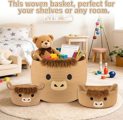 3Pack Highland Cute Cow Storage Baskets Set for Nursery- Small, Oval, Large Woven Gift Basket, Rope Cotton Bins with Handles, Baby Laundry 0rganizer Shower Towel Blanket Clothes (9/12/15In)