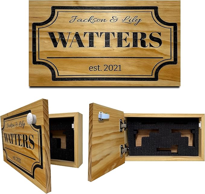 Bellewood Designs Customizable Hidden Gun Storage Wall Decor - Hidden Gun Safe with Family Name & Est Date - Magnetic Locking Concealment Shelf - Gun Concealment Furniture (Natural)