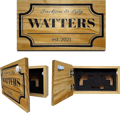 Bellewood Designs Customizable Hidden Gun Storage Wall Decor - Hidden Gun Safe with Family Name & Est Date - Magnetic Locking Concealment Shelf - Gun Concealment Furniture (Natural)