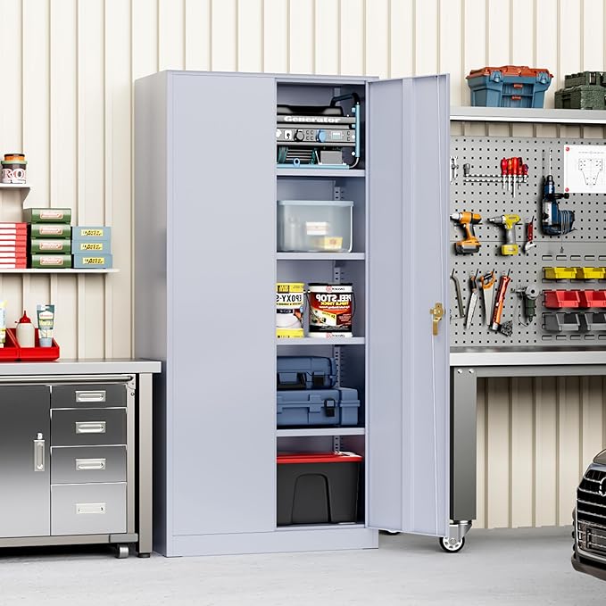 Greenvelly Metal Storage Cabinet with Doors and Shelves, 72" Inch Locking Metal Cabinet,Garage Storage Cabinet for Garage Office School Warehouse (Dark Gray)