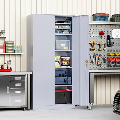 Greenvelly Metal Storage Cabinet with Doors and Shelves, 72" Inch Locking Metal Cabinet,Garage Storage Cabinet for Garage Office School Warehouse (Dark Gray)