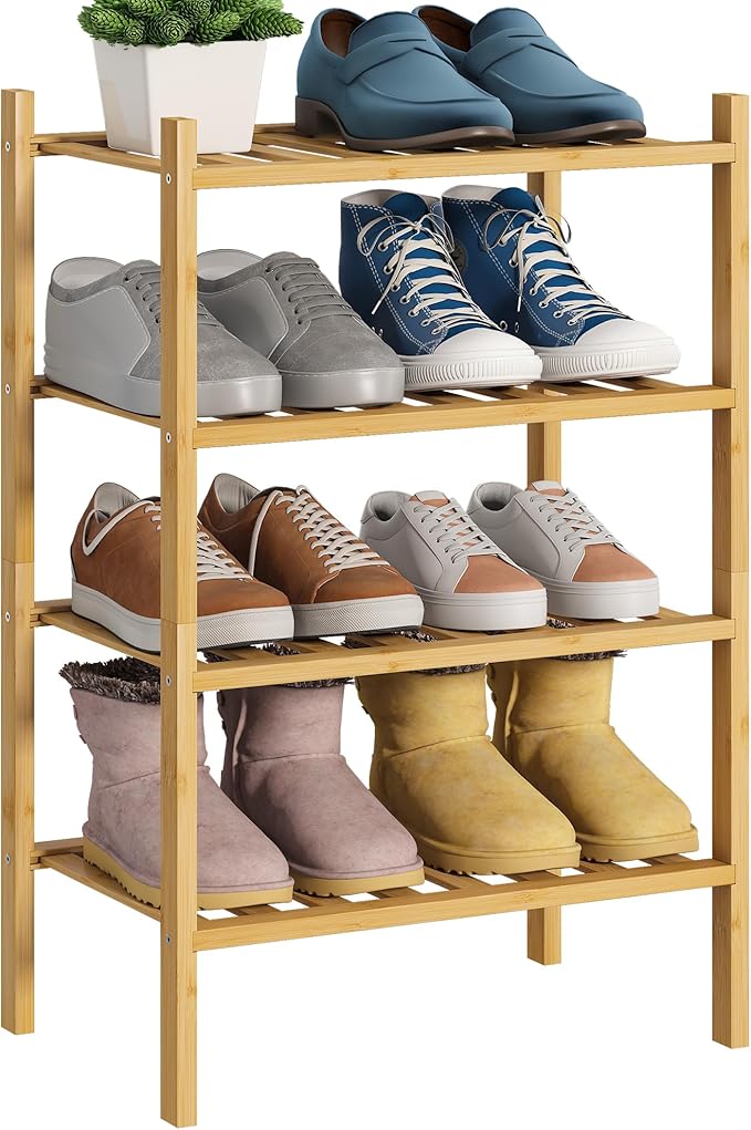 BMOSU 4-Tier Bamboo Small Shoe Rack Premium Stackable Shoe Shelf Storage Organizer for Hallway Closet Living Room Entryway Organizer (Natural Bamboo)
