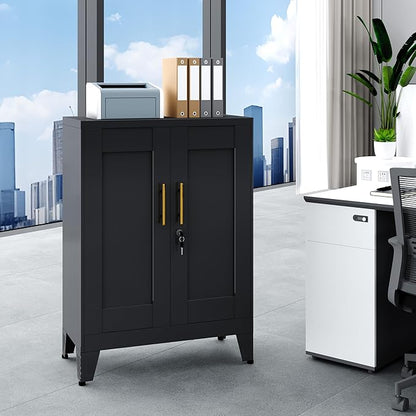 36" Black Metal Storage Cabinet with Lock, Locking Cabinet with 2 Doors and 2 Adjustable Shelves, Bathroom Floor Cabinets, Freestanding Locked File Cabinets for Home/Office/Garage