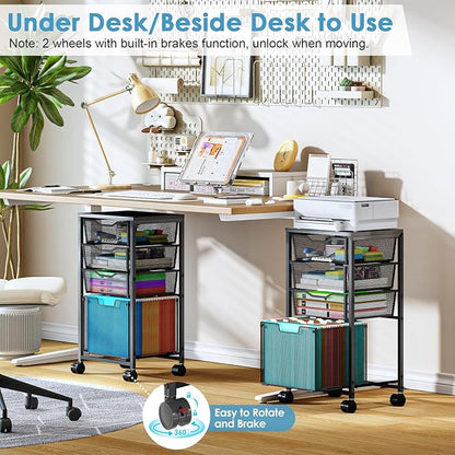 4 Drawers Rolling File Cart, Under Desk Mobile Filing Cabinet with Wheels, File Cabinets for Home Office, Hanging File Folder Organizer Utility Craft Cart Printer Stand, Black