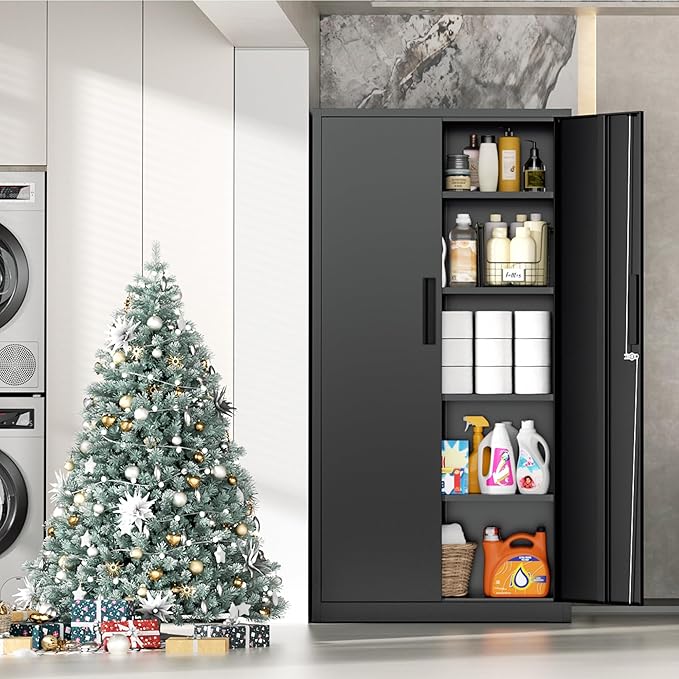 INTERGRAET 63" H Pantry Cabinet, Kitchen Pantry Storage Cabinets with 2 Doors and 4 Shelves,Black Metal Storage Cabinet,Cupboard for Home,Kitchen,Living Room/Dining