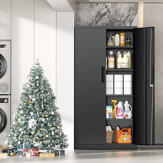 INTERGRAET 63" H Pantry Cabinet, Kitchen Pantry Storage Cabinets with 2 Doors and 4 Shelves,Black Metal Storage Cabinet,Cupboard for Home,Kitchen,Living Room/Dining