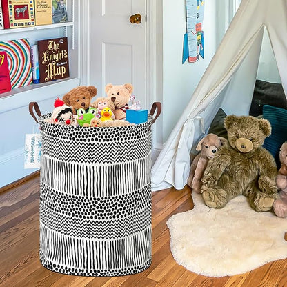 LANGYASHAN Laundry Basket Canvas Fabric Collapsible Organizer Basket for Storage Bin Toy Bins Gift Baskets Bedroom Clothes Children Nursery Hamper (Black line)
