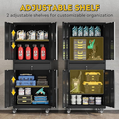 DEVAISE Metal Garage Storage Cabinet with Locking Doors and Drawer,71" Tool Cabinet with Adjustable Shelves & Wheels, 71" Steel Cabinet for Garage, Warehouse (Black)