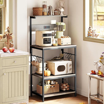 SUPERJARE Kitchen Bakers Rack with Power Outlet, Coffee Bar Table 4 Tiers, Kitchen Microwave Stand with 6 S-Shaped Hooks, Kitchen Storage Shelf Rack for Spices, Pots and Pans - Greige
