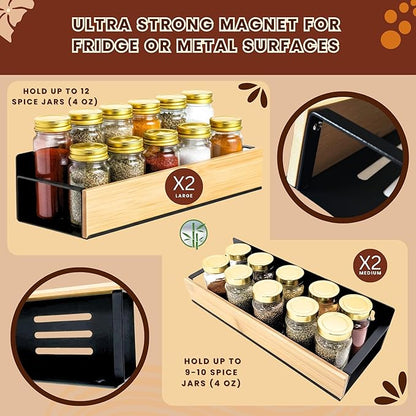 (4 Pack) Magnetic Spice Storage Rack Organizer for Refrigerator and Oven, 4 Strong Magnetic Shelf, Black Fridge Storage, Spice Rack Organizer, Metal-Bamboo