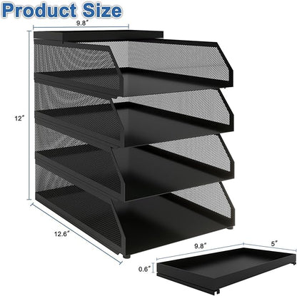 Natwind 4-Tier Paper Organizers,Desk Organizer,Stackable Paper Tray, Desk Accessories,Metal Mesh Desktop Organizer,Letter Trays,File Document Storage Rack for for Home, Office, School (Black)