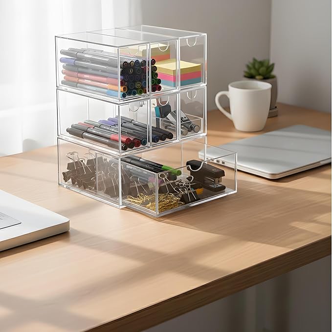Coffee Pod and Tea Bag Organizer Drawer – Crystal-Clear Acrylic Tea Bag Drawer, Easy to Clean & Stackable for K-Cups, Tea, Sugar Packets in Office, Gym & Kitchen Cupboard (7-Pack)
