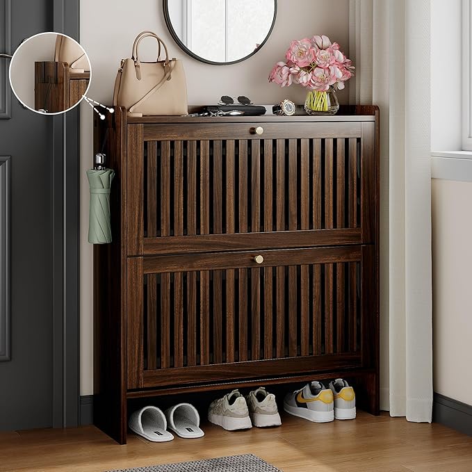 wanan 31.5" Shoe Cabinet with 2 Flip Slatted Drawers, Adjustable & Removable Panels, Narrow Shoe Cabinet Storage for Entryway, Hallway, Shoe Rack Organizer Cabinet, Walnut