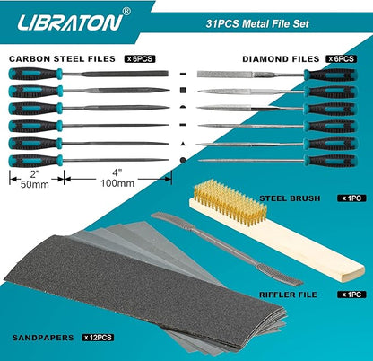 Libraton 31PCs Metal File Set, Metal Files, Metal Files for Steel, 12 Needle Files with Case, Riffler File, 12 Sandpapers, Steel Brush, File Sets for Wood and Metal, for Metalworking & Woodworking