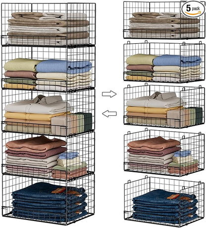 5-Tier Stackable Closet Organizers and Storage Shelves, Closet Shelf Organizer Basket Bins, Foldable Sweater Storage for Closet Organizer System, Black（Patent Pending）