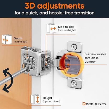 Decobasics 50 Pack Soft Close Cabinet Hinges 1-1/2" Overlay for Kitchen Cabinet Doors, Slow Self-Closing Concealed Hidden Hinges for Face Frame –Stainless Steel, 3-Way Adjustable & Quiet Close Damper