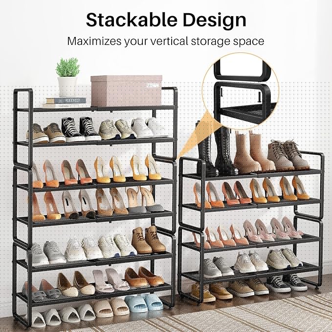 Shoe Rack - Expandable Shoe Organizer for Closet, Adjustable Metal Shoe Shelf Storage, Stackable Long Shoe Stand Holder for Garage, Entryway, Door Entrance (Black, 4-Tier)