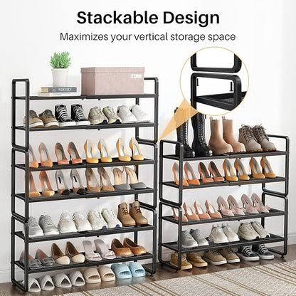 Shoe Rack - Expandable Shoe Organizer for Closet, Adjustable Metal Shoe Shelf Storage, Stackable Long Shoe Stand Holder for Garage, Entryway, Door Entrance (Black, 4-Tier)