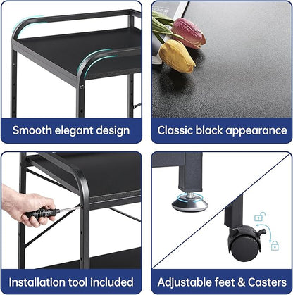 2 Tier Under Desk Printer Stand with Storage, 20 Inches Deep Large Printer Table with Height Adjustable Shelf, Rolling Printer Cart with Wheels for Home Office - Black
