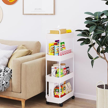 Buzowruil Rolling Storage Cart 4 Tier Organizer Mobile Shelving Unit Storage Rolling Utility Cart with Wheels for Kitchen Bathroom Laundry,White