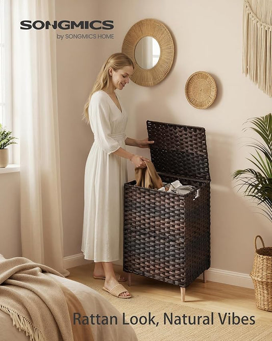 SONGMICS 2-Section Laundry Hamper with Lid, 29 Gal (110L) PE Rattan Laundry Basket with Removable Washable Liners, for Bedroom & Living Room, Chestnut Brown ULCB222ME01