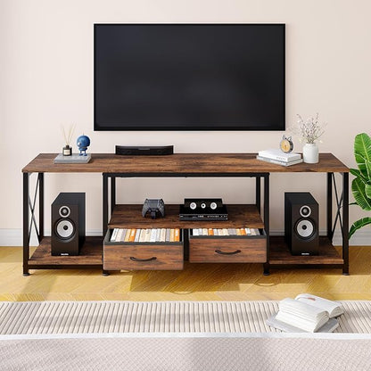 Garvee TV Stand with Fabric Drawers and Power Outlets for 75 70 65 Inch TV, TV Console Table, Entertainment Center with Open Storage Shelves for Living Room, Bedroom, Office, Rustic Brown