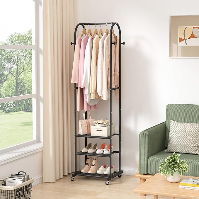 Heavy Duty Clothing Rack with Wheels,Modern Garment Rack with 3 Metal Shelves, 71.8Inches Display Rack for Hanging Clothes, Hanging Rod for Small Space,Black