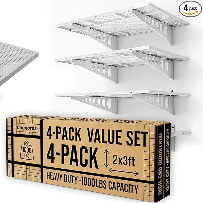 4-Pack 2x3ft Garage Shelves Wall Mounted, 500 Lbs Wall Storage Shelves, Deep Metal Organizer Rack with Complete Install Kit, White