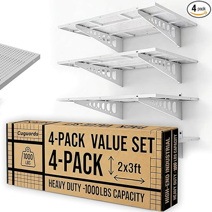 4-Pack 2x3ft Garage Shelves Wall Mounted, 500 Lbs Wall Storage Shelves, Deep Metal Organizer Rack with Complete Install Kit, White