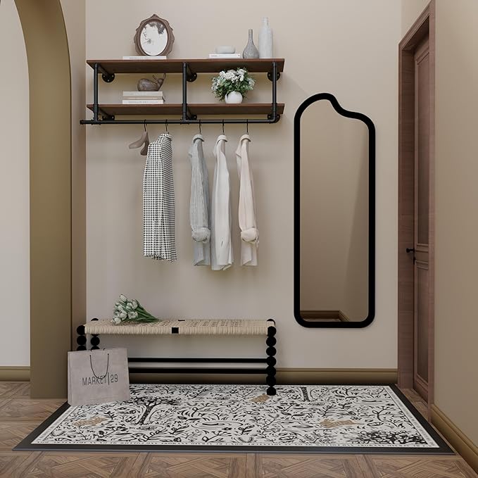 Clothes Rack 48in, Wall Mounted Garment Rack with Real Wood Shelf, Heavy Duty Hanging Clothes Rack, Multi-Purpose Hanging Rod, Space-Saving Closet Storage (2T48IN)