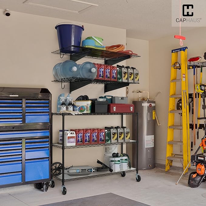 Fencer Wall Mounted Garage Shelving - 72" W x 18" D, 4 Hooks, Black, Heavy Duty, 1000lb Capacity